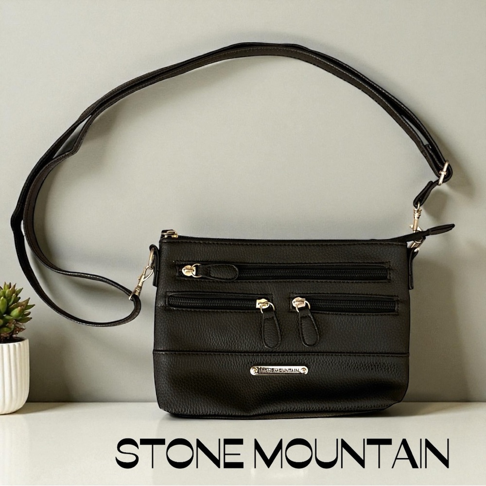Stone Mountain Black Pebbled Faux Leather Crossbody Bag. Multi-Pocket, Adj Strap